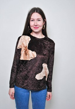 Vintage velvet blouse, 90s patchwork blouse, Size M