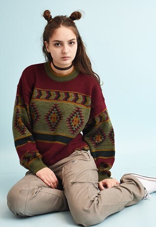 90'S RETRO ETHNIC PATTERN OVERSIZED KNIT JUMPER