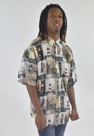 VINTAGE 90S BLACK WHITE HAWAIIAN PATTERNED SHIRT