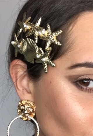 VINTAGE GOLD 90S SEA SHELL STAR FISH HAIR CLIPS
