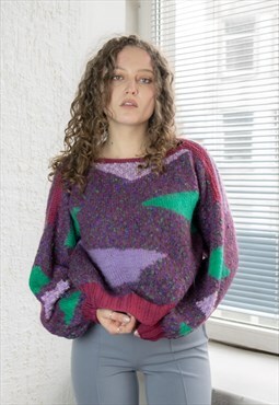 Vintage 80's Purple Wool/Mohair Hand Knitted Jumper