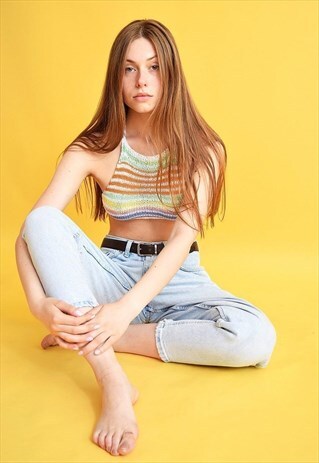 70'S STYLE BOHO FESTIVAL JAZZY CROCHET HALTER CROP TOP
