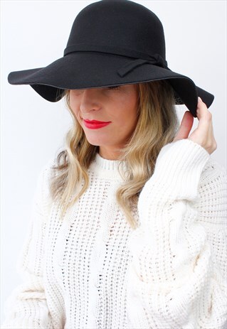 BLACK BOHO PEASANT FLOPPY BOW WIDE RIM FEDORA BOWLER HAT