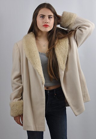 CREAM WOOL MIX COAT WITH FAUX FUR COLLAR