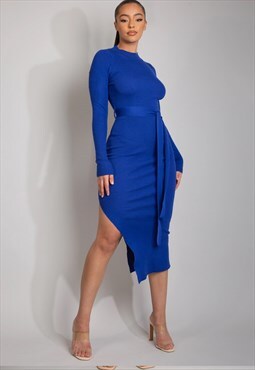 Royal Blue Ribbed Round Neck Belted Midi Dress