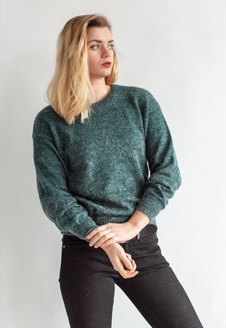 VINTAGE 80S MINIMAL WOOL JUMPER IN GREEN