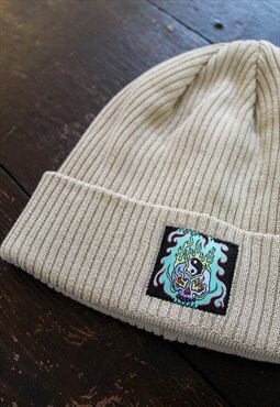 Beige Organic Cotton Flaming Skull Beanie