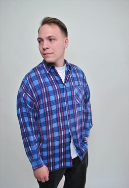 Blue flannel shirt, plaid pattern button down shirt 