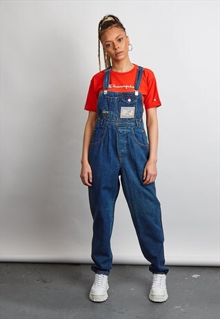VINTAGE 80'S POP84 PATCH WORK DARK BLUE DENIM DUNGAREES