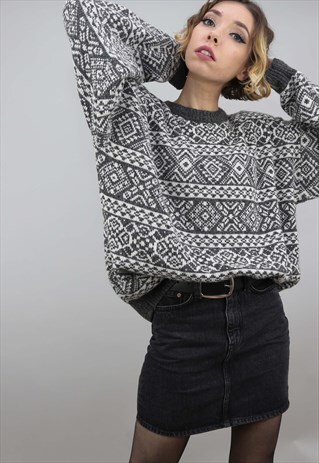 VINTAGE 80S 90S OVERSIZED PATTERNED KNIT JUMPER GREY