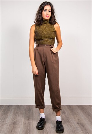 90'S VINTAGE BROWN SMART TAPERED HIGH WAIST TROUSERS