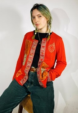 Vintage Size M Knitted Paisley Cardigan in Red