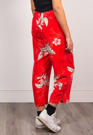 VINTAGE RED FLORAL PATTERN CROPPED WIDE LEG SUMMER TROUSERS