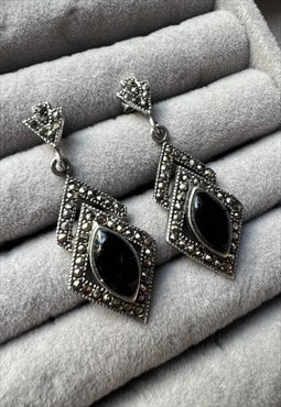 Vintage Silver Drop Earrings black gem stone diamante