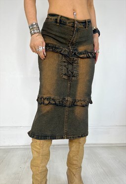 Vintage Y2k Skirt Denim Midi Boho Frilly Ruffle Western 90s