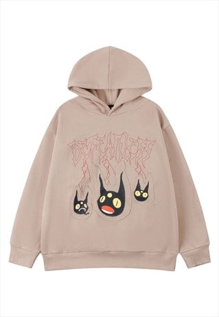 CAT GRAFFITI HOODIE GOTHIC PULLOVER PUNK JUMPER IN BROWN