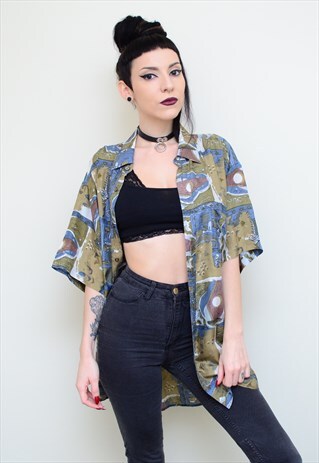 VINTAGE 90'S DARK ABSTRACT PATTERNED OVERSIZED SHIRT