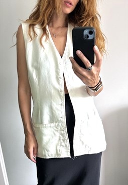 Vintage White Satin Sleeveless Blouse / Vest - Large 