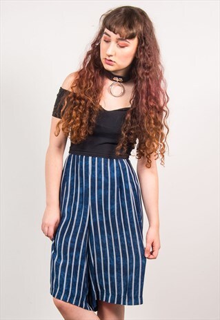 VINTAGE 90'S BLUE STRIPED HIGH WAIST LOOSE SHORTS CULOTTES