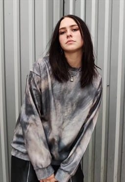 Loose gradient velvet feel sweatshirt tie-dye jumper grey