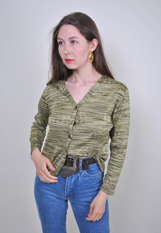 V-NECK GREEN BLOUSE, VINTAGE SPRIPED ABSTRACT PATTERN SHIRT