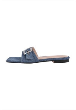 Denim Square Toe Buckle Strap Flats