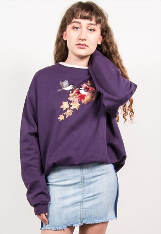VINTAGE 90'S PURPLE BIRD EMBROIDERED AUTUMNAL SWEATSHIRT