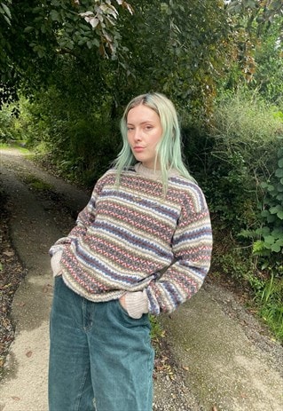 VINTAGE PATTERNED CHUNKY KNITTED OVERSIZED WOOL JUMPER