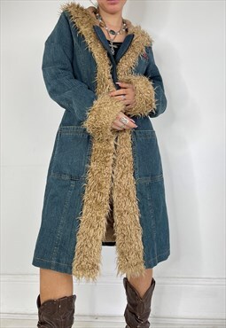 Vintage 90s Afghan Coat Denim Faux Fur Trim Y2k Long Jacket