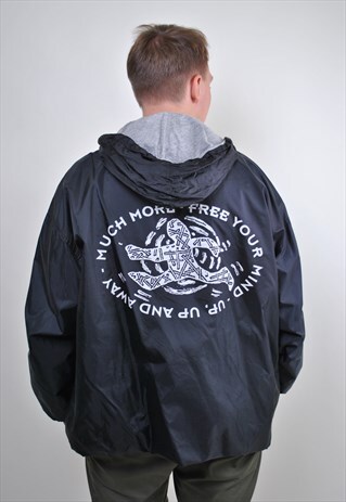 AZTEC PRINT BLACK HOODED COACH JACKET, SIZE L