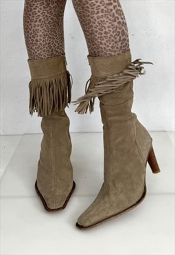 Vintage 90's iconic western suede fringe boots in sand brown