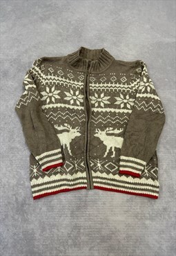 Vintage Knitted Cardigan Reindeer Patterned Zip Up Knit 