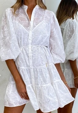 Leave's pattern shirt dress in white