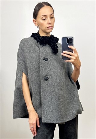 VINTAGE GREY WOOL PONCHO ,  WOMEN' S OVERSIZED BLAZER