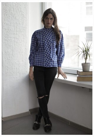 VINTAGE 80'S BLUE CHECKED HIGH COLLAR BLOUSE