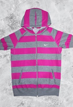 Y2K Grey & Pink Nike Striped Short Sleeved Hooded Top 