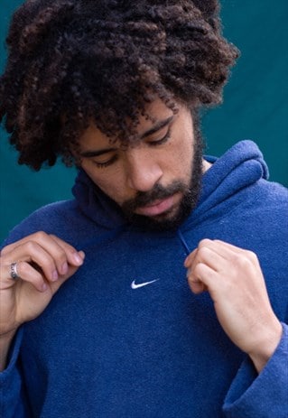 VINTAGE NIKE CENTRE TICK FLEECED HOODIE IN BLUE