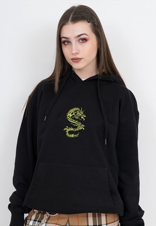 BLACK EMBROIDERED HOODIE WITH NEON GREEN DRAGON EMBROIDERY