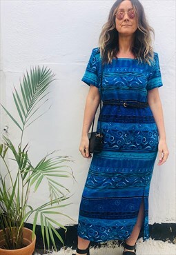 Vintage  Blue 90s pattern Maxi Sun Dress