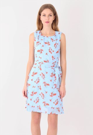 BLUE ROUND NECK SLEEVELESS FLORAL PRINT BELTED MINI DRESS