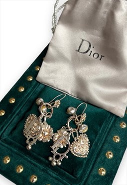 Dior earrings heart monogram dangly drop silver tone 90s Y2K
