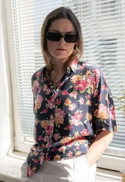 Vintage 80's Black Flower Print Short Sleeved Shirt