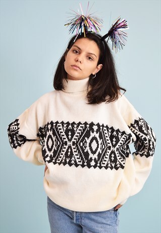 90'S RETRO NEUTRAL FAIR ISLE ROLL NECK KNIT CHRISTMAS JUMPER