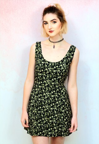 1990S VINTAGE GREEN DITSY FLORAL MINI DRESS