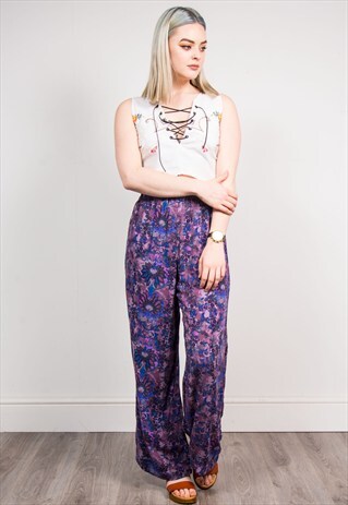 VINTAGE PURPLE FLORAL FESTIVAL SUMMER WIDE LEG TROUSERS