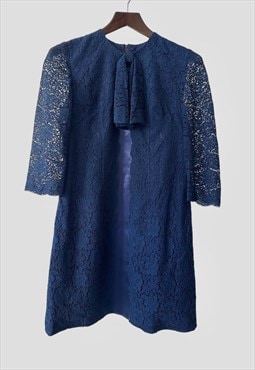 60's Vintage Blue Lace Satin 3/4 Sleeve Ladies Mini Dress