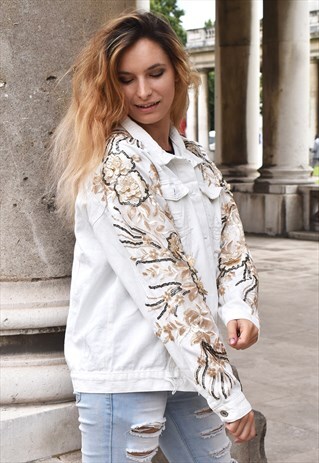 WHITE DENIM AND GOLD, BEIGE 3D LACE HANDSTITCHED JACKET