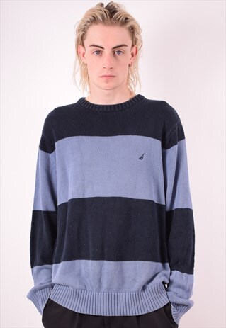 NAUTICA MENS VINTAGE JUMPER SWEATER LARGE BLUE STRIPES 90S