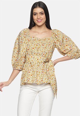IS.U Floral Puff Sleeve Belted Top
