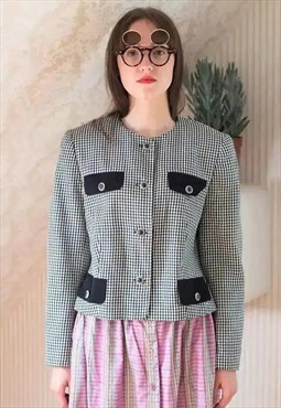 Black and white checked jacket with round collar
